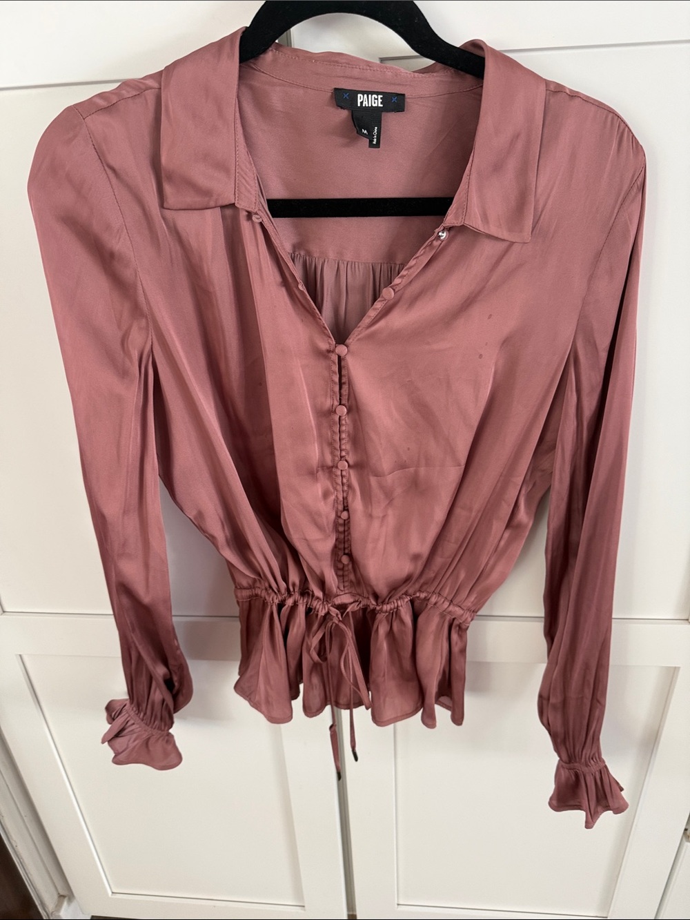 PAIGE Rose Mauve Satin Button-Front Tie-Waist Blouse